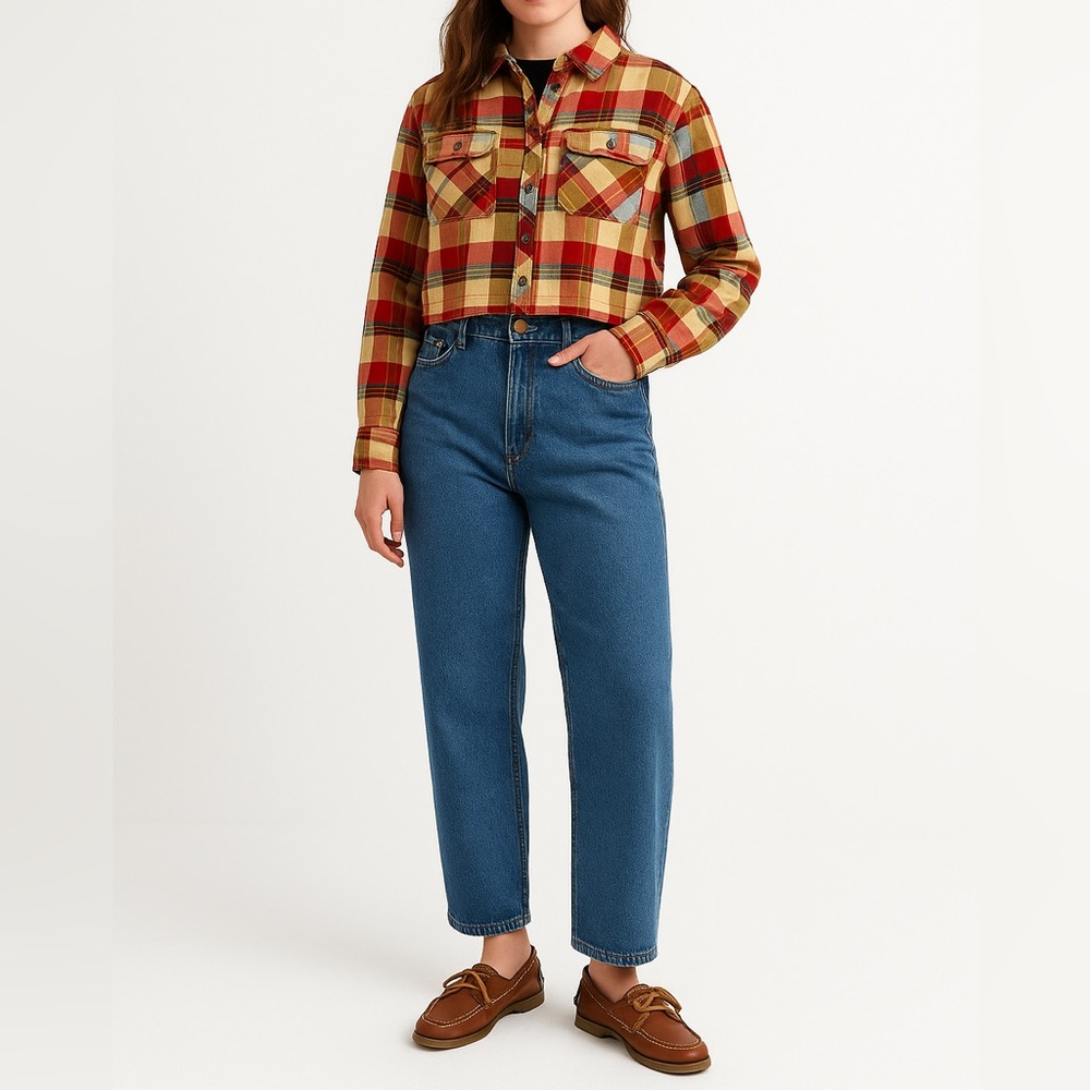 GILDED INTENT Boyfriend Crop Plaid Flannel Shirt | S | Red Patchwork | Grunge